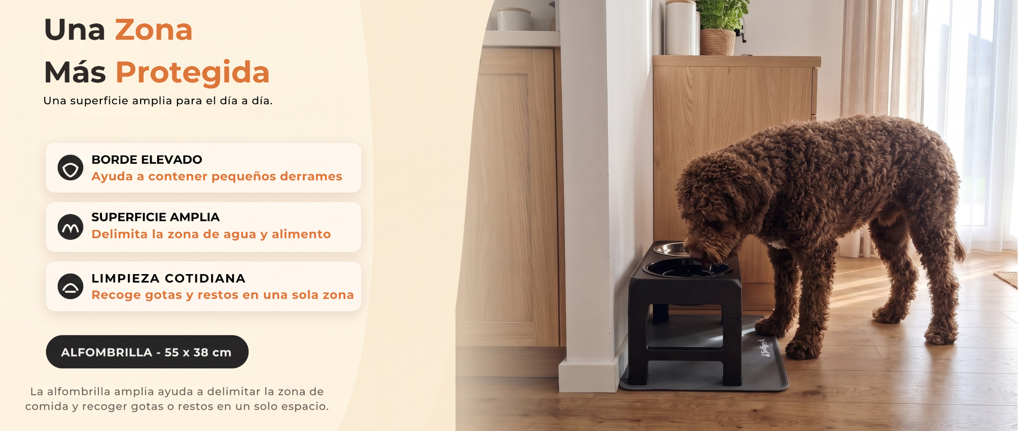 Perro utilizando el comedero sobre su alfombrilla de silicona