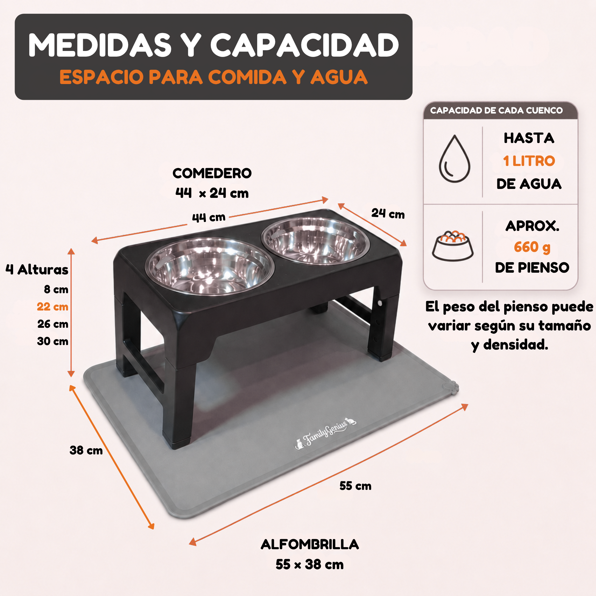 Medidas y capacidad del comedero elevado FurryGenius