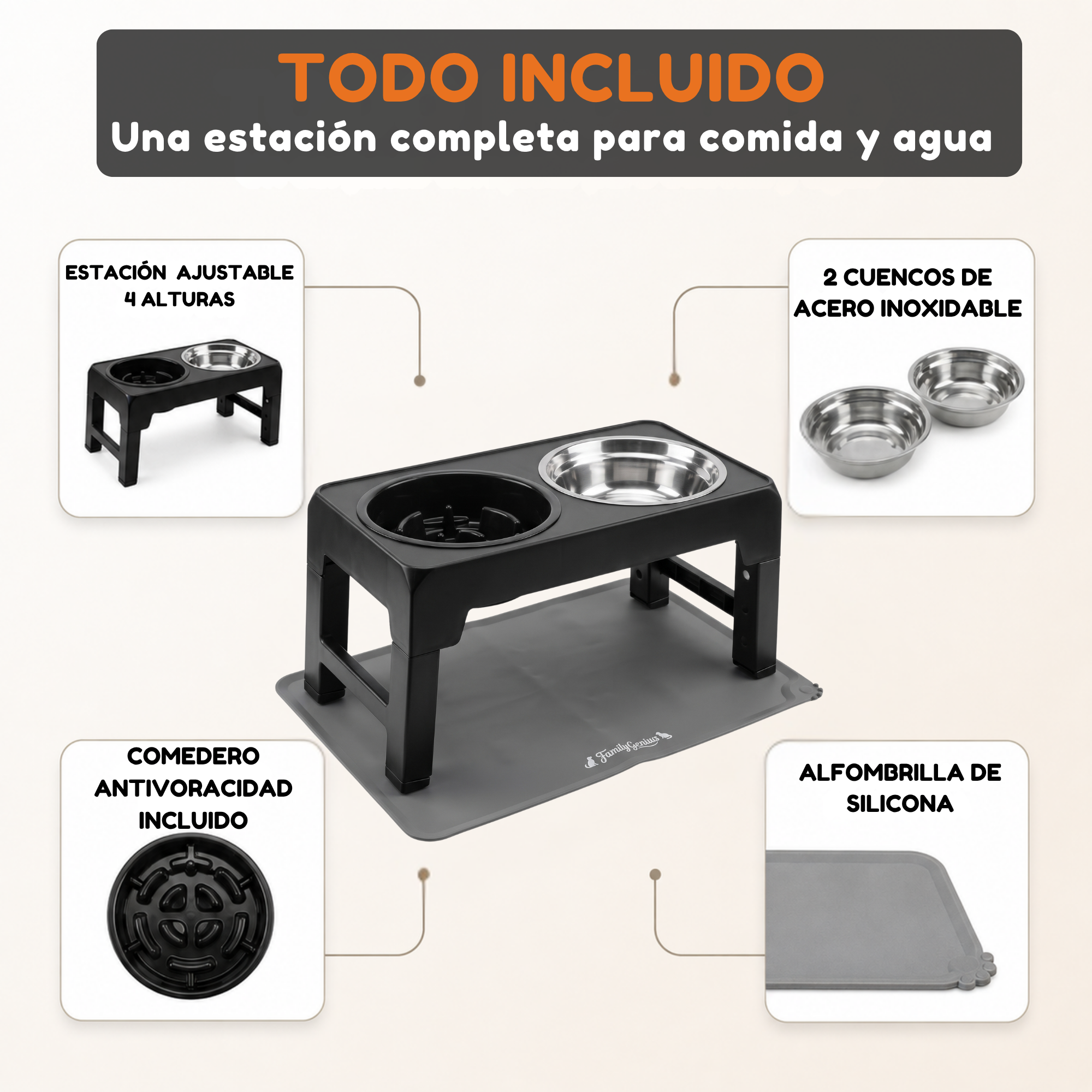 Todo lo incluido en la estación de alimentación FurryGenius